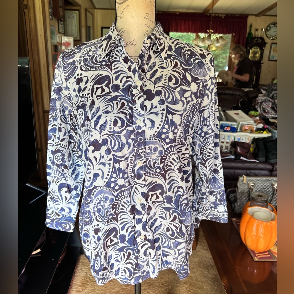 Lauren Ralph Lauren Womens Blouse, 3/4 Sleeves, Navy & White Floral, Size Medium